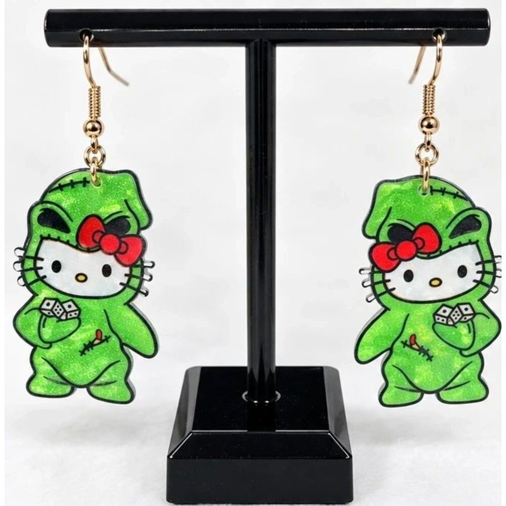 Hello Kitty Oogie Boogie Halloween Earrings Green Glitter Kawaii Dangle